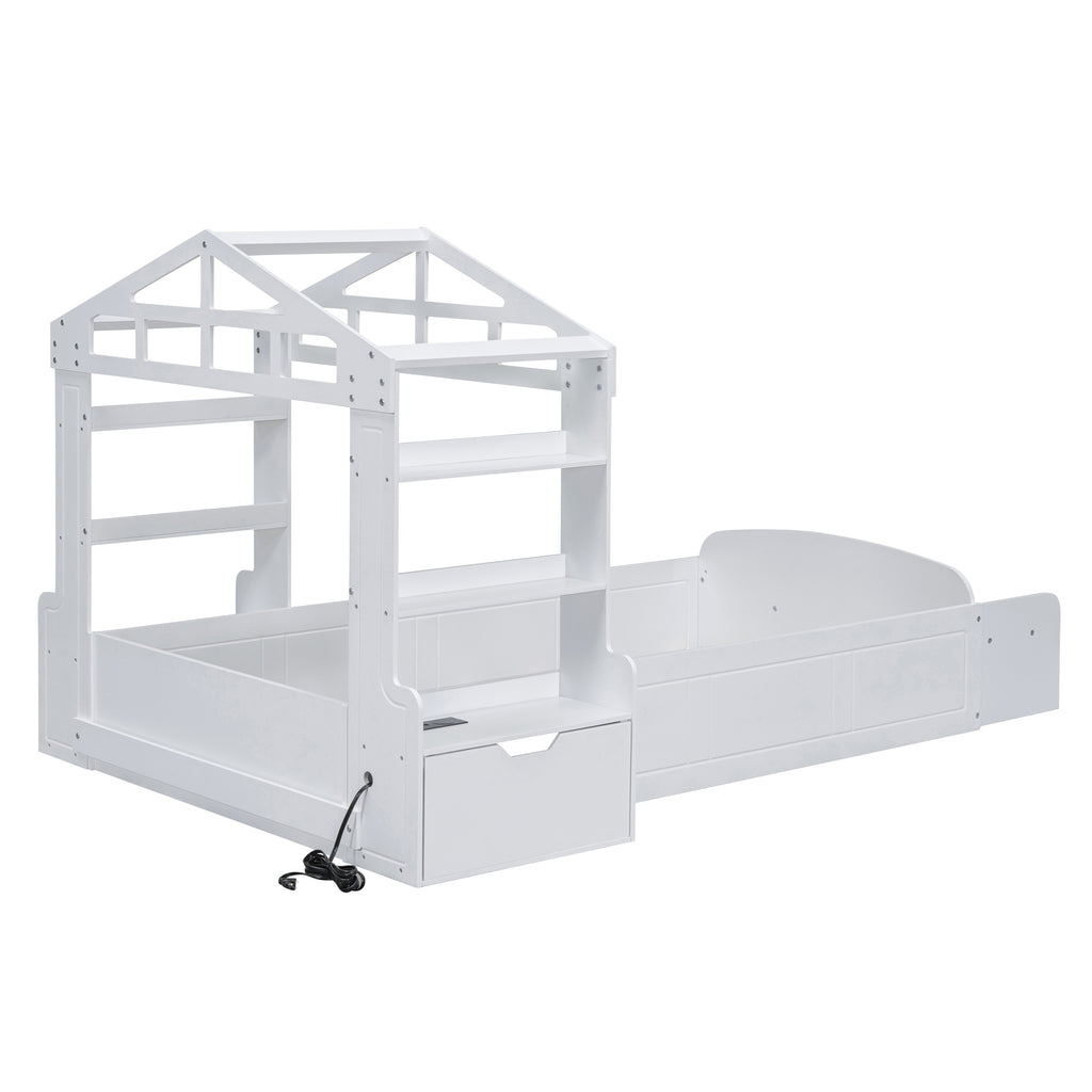 Leoglint Twin Size House Bed Frame with Bench, Socket and Shelves, White