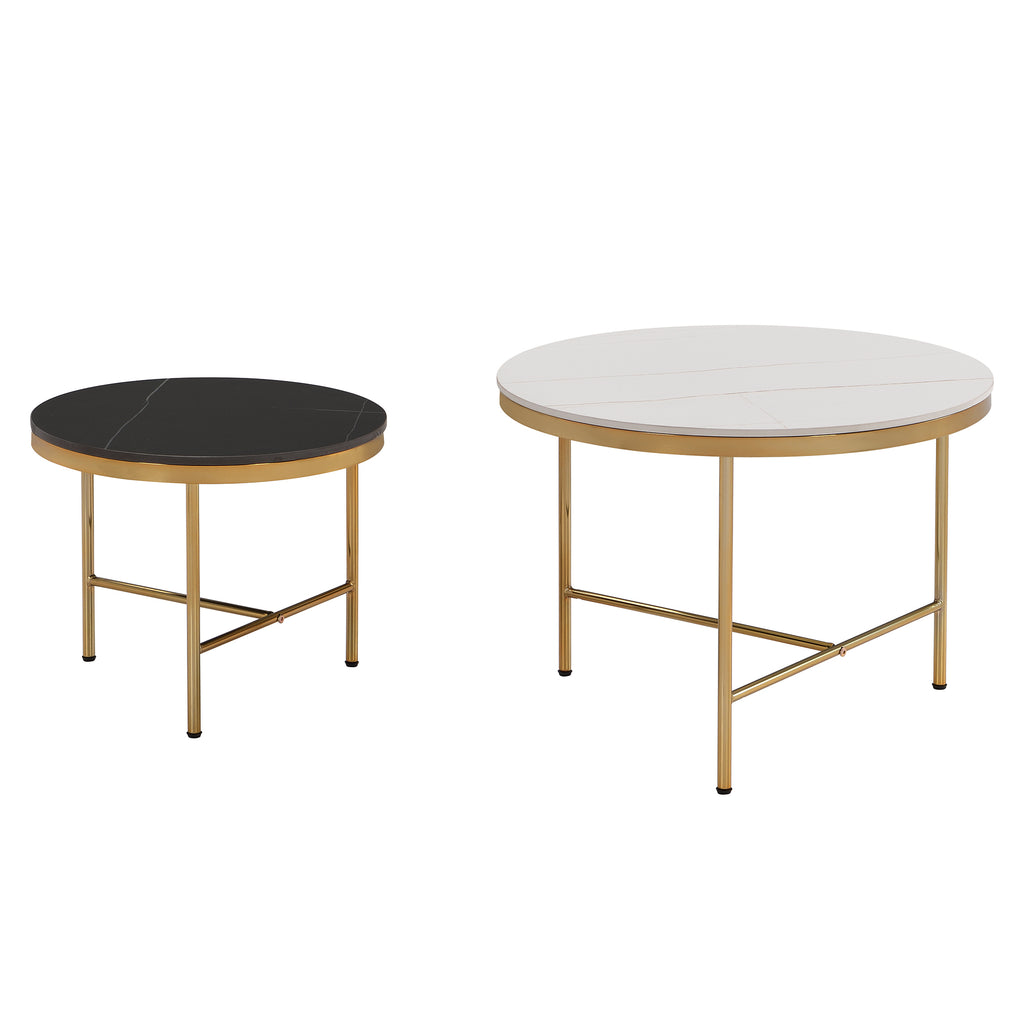 Leoglint Modern Round Nesting Coffee Table Set 2-Piece Black & White Sintered Stone Top Gold Base in 23.6''&17.7''