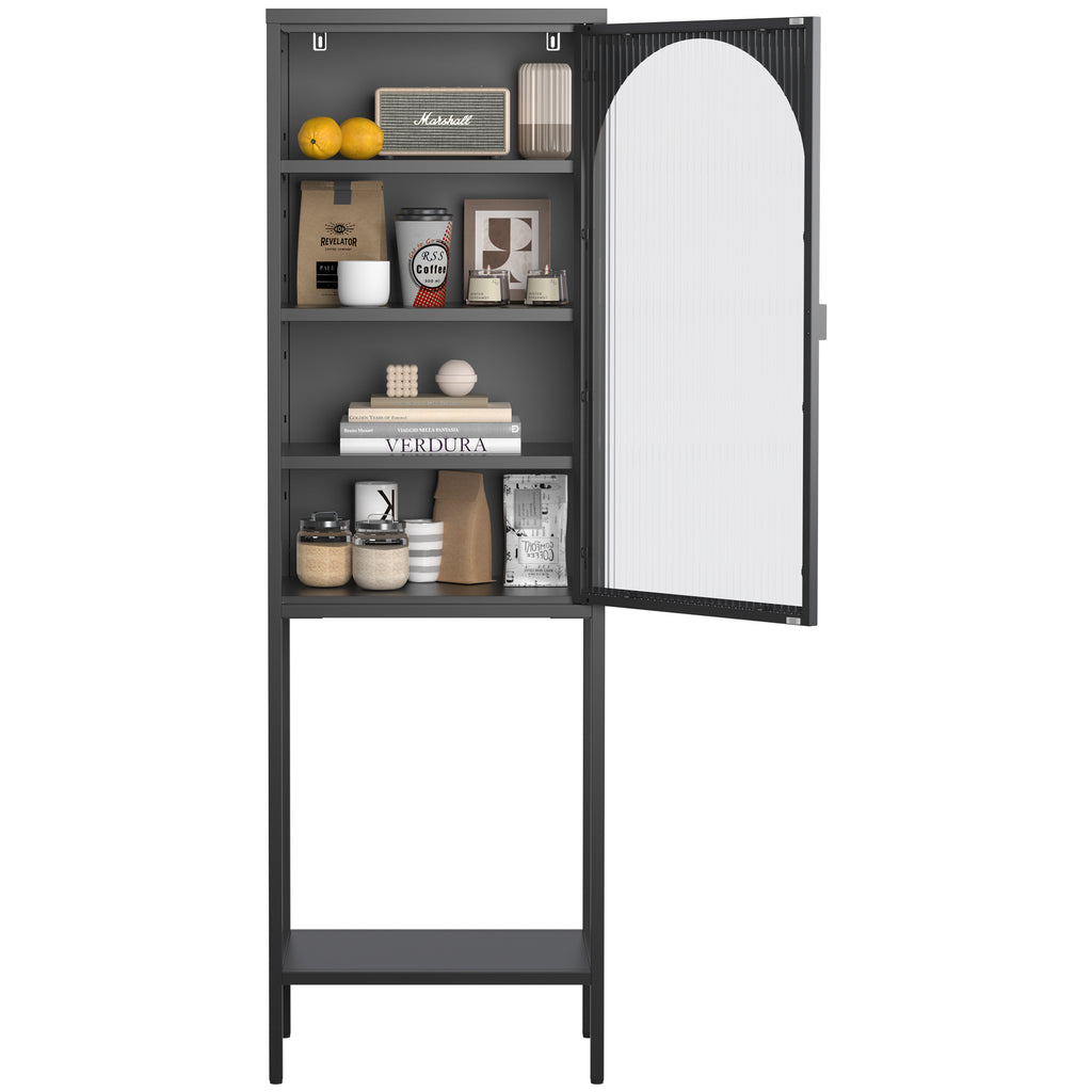 Leoglint Metal Glass Door Display Storage Cabinet - 5-Tier Cube Bookshelf Storage Cabinet with 3 Adjustable Shelves For kitchen, dining room, living room, bathroom, home office,Black