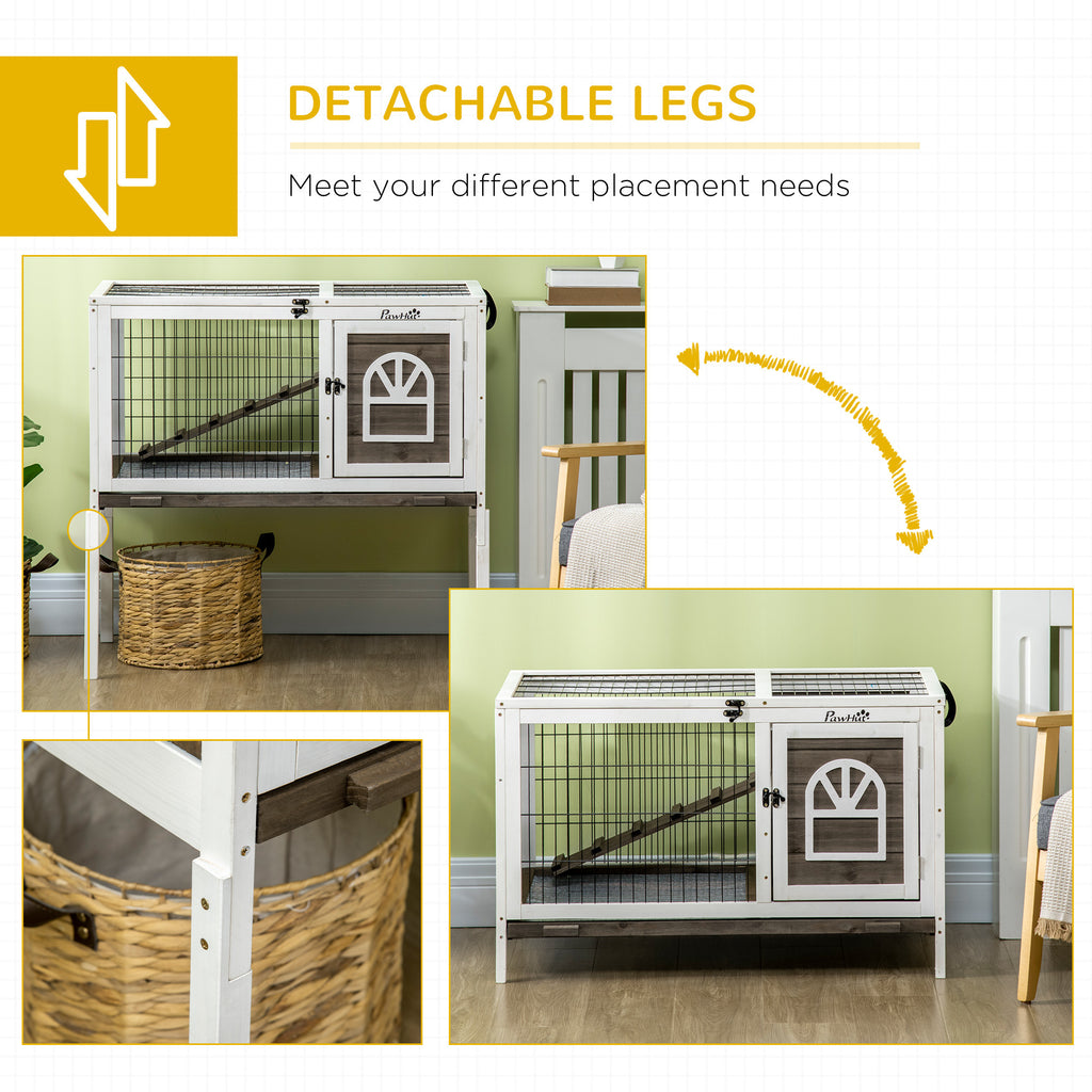 Leoglint Wooden Rabbit Hutch, Indoor Elevated Guinea Pig Cage with Run, Ladder, Lockable Doors and Removable Tray, Coffee