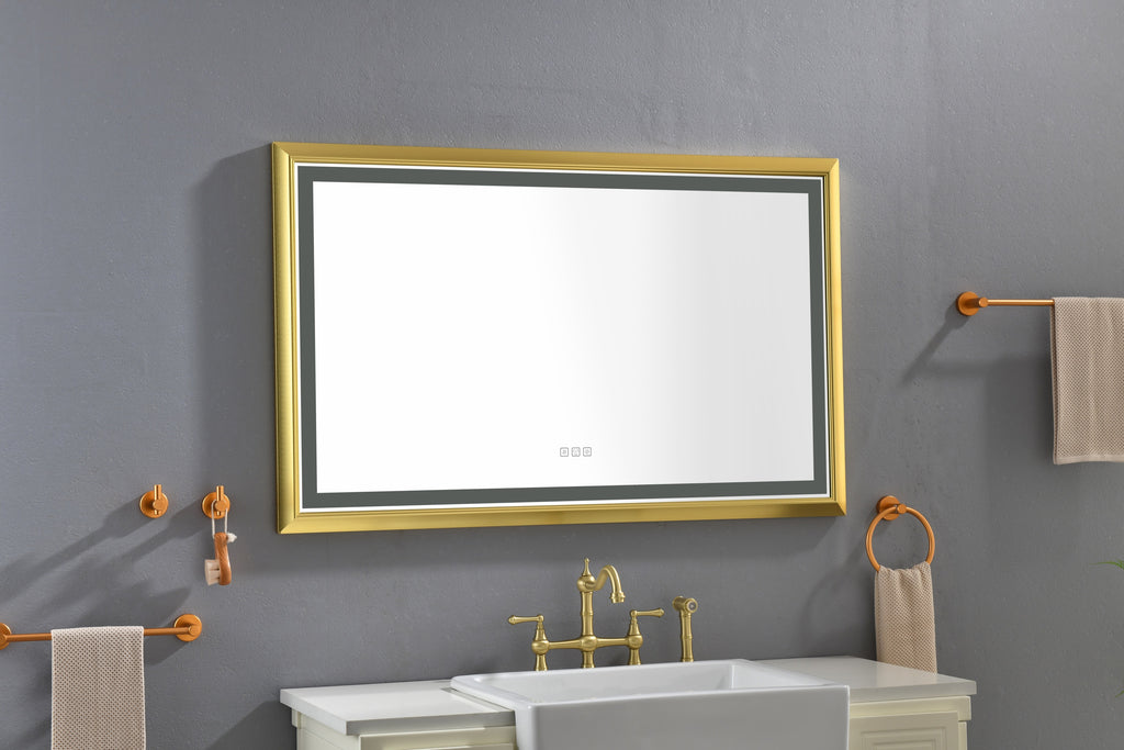 Leoglint 48 in. W x 30 in. H Oversized Rectangular Gold Framed LED Mirror Anti-Fog Dimmable Wall Mount Bathroom Vanity Mirror   Wall Mirror Kit For Gym And Dance Studio