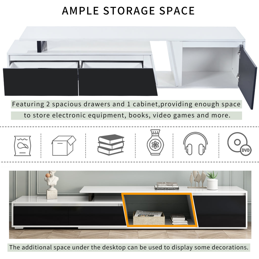 Leoglint U-Can Modern, Minimalist Rectangle Extendable TV Stand, TV Cabinet with 2 Drawers and 1 Cabinet for Living Room, Up to 100''