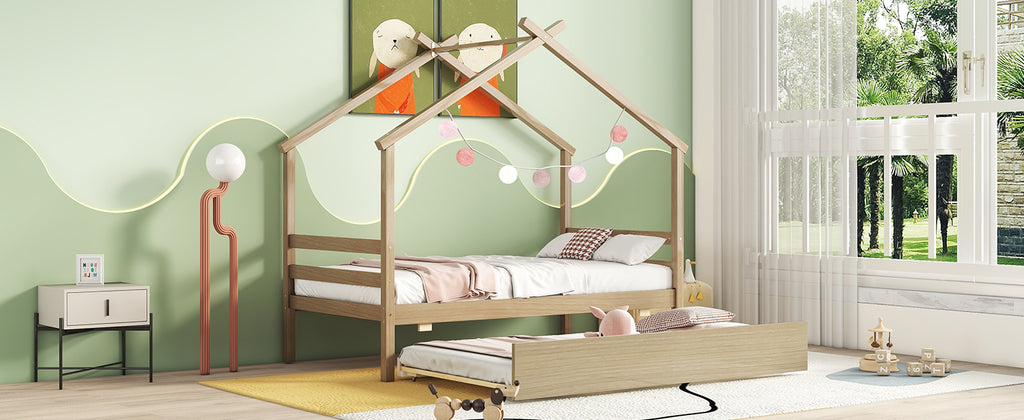 Leoglint Twin Size  House-shaped Bed Frame with Trundle,Natural