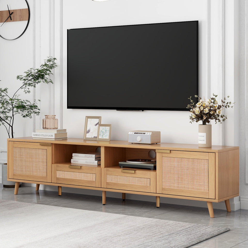 Leoglint Rattan TV Stand for TVs up to 85'', Modern Farmhouse Media Console, Entertainment Center with Solid Wood Legs, TV Cabinet for Living Room,Home Theatre