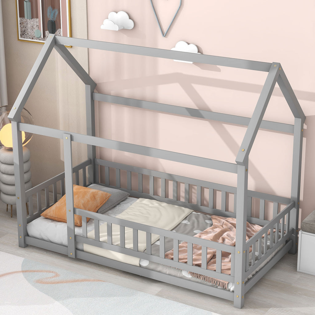 Leoglint Twin Size Floor Wooden Bed Frame with House Roof Frame, Fence Guardrails,Grey(Old SKU:W1791106614)