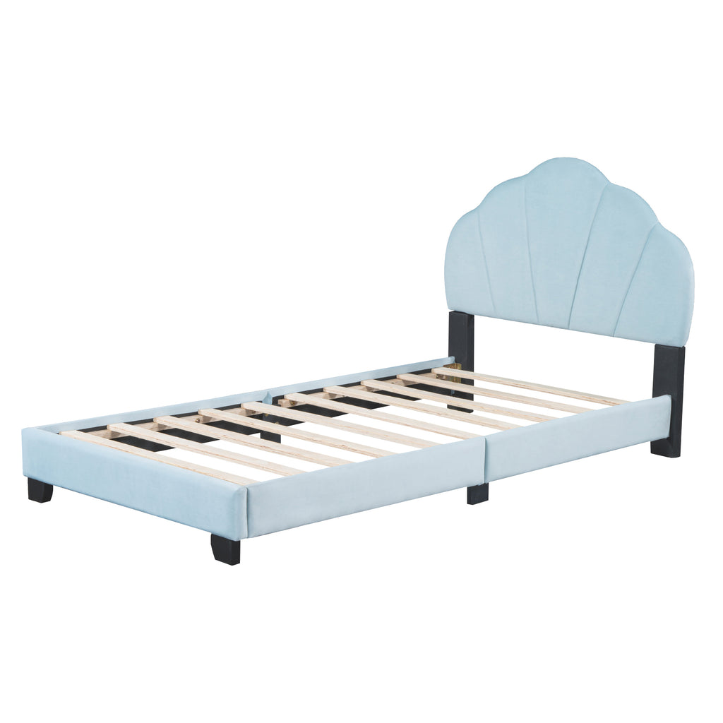 Leoglint Twin Size Upholstered Velvet Platform Bed Frame with Shell-Shaped Headboard, Blue