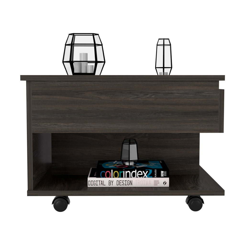 Leoglint 15" H carbon espresso coffee table, 4 brake wheels, lifting top that allows storage inside the table, 1 lower shelf and 1 vertical division that allows you to decorate with photos, and design books.