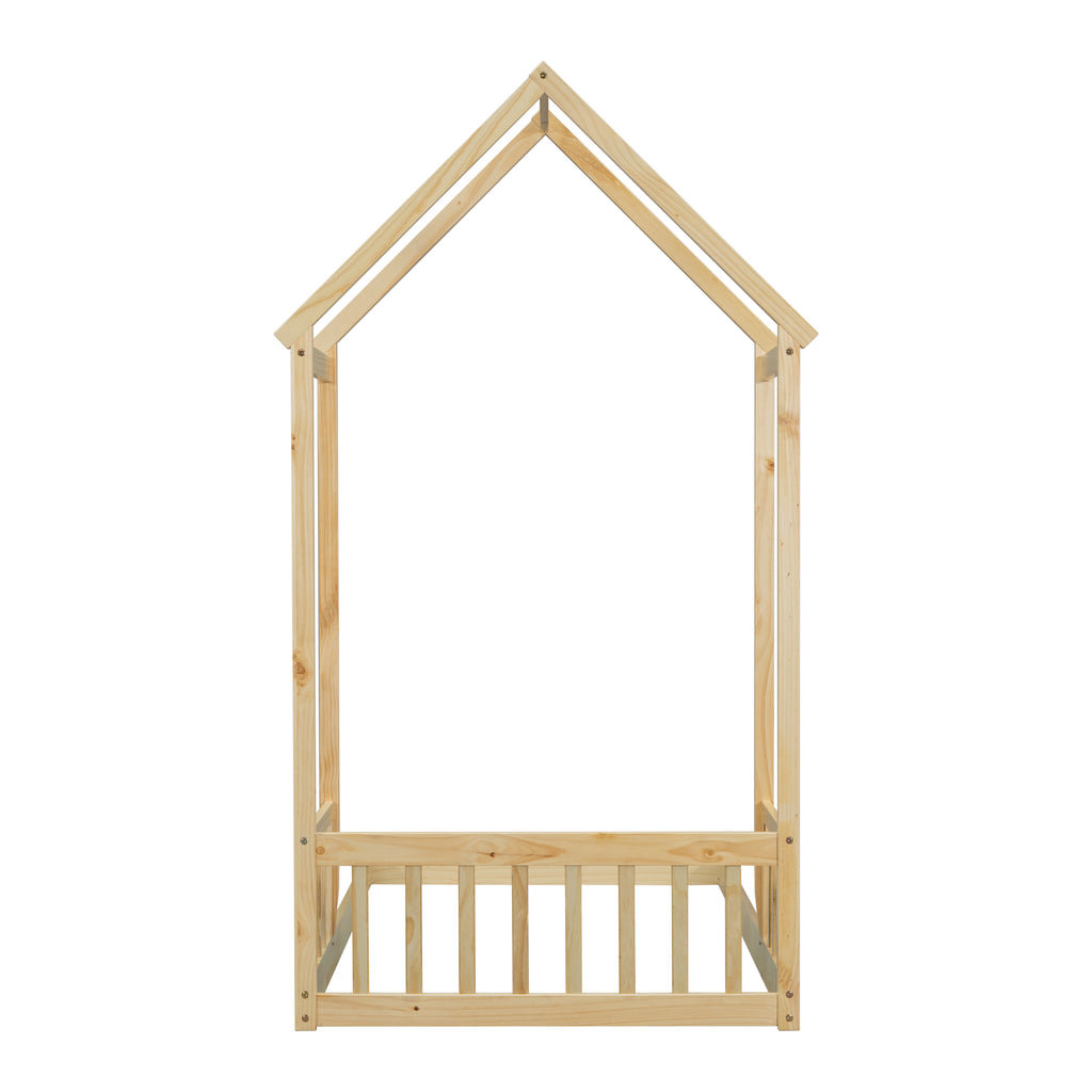 Twin House-shaped Roof Headboard Floor Bed Frame,,(without slats),Natural