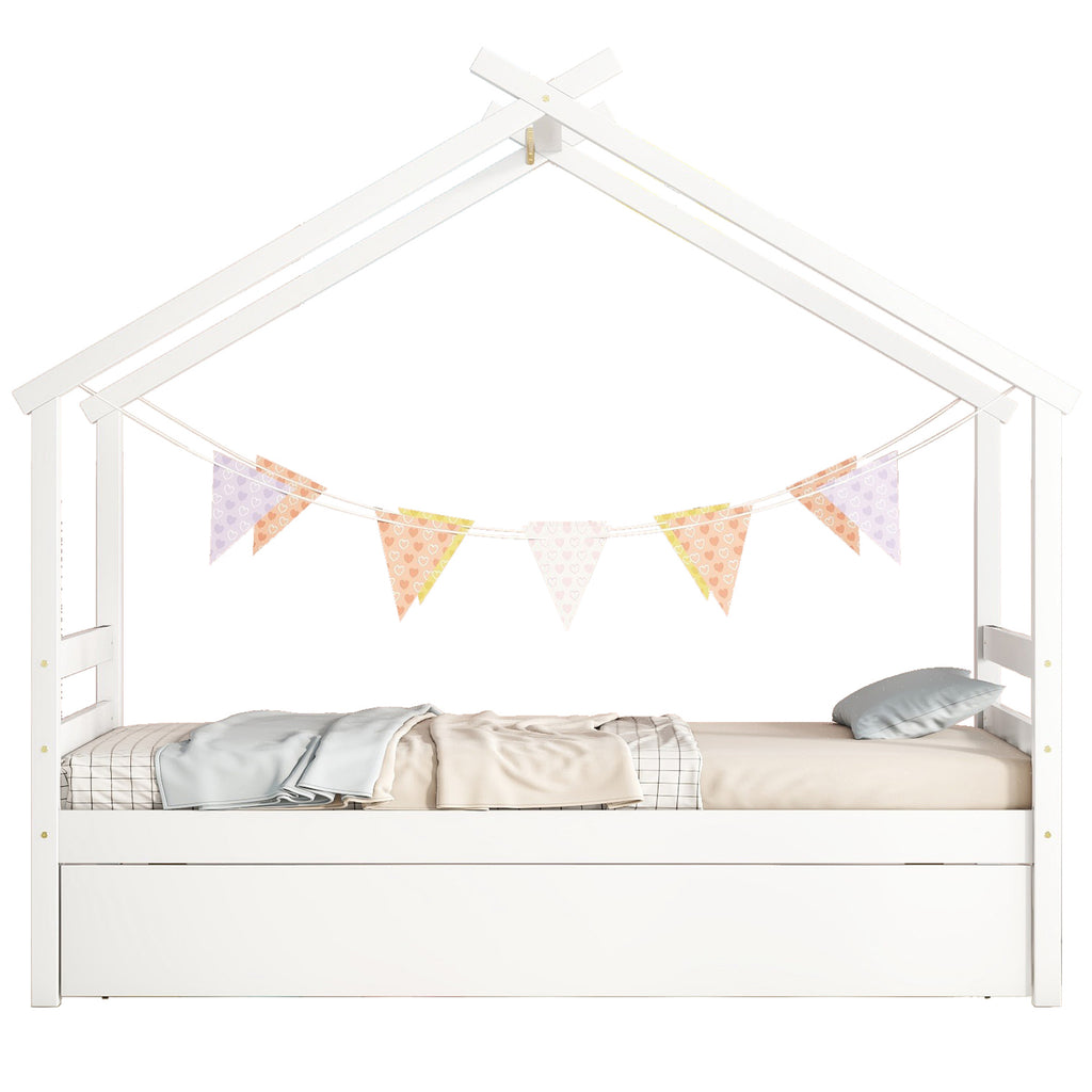 Leoglint Twin Size  House-shaped Bed Frame with Trundle,White