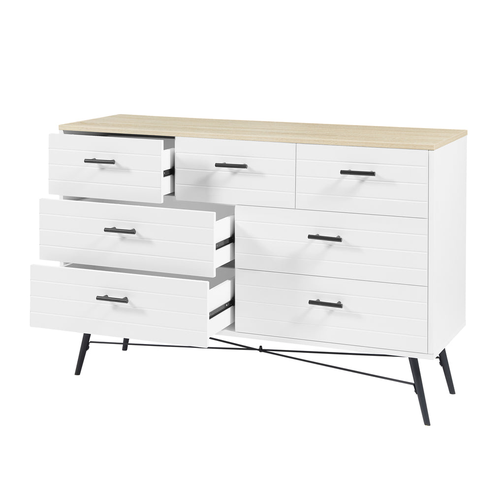 Leoglint 7 Drawer Chest Drawer Dresser for Bedroom with Deep Drawers, Wood Dressers & Chest of Drawers, Modern White Long Dressers for Closet Living Room, 47.2"W x 15.7"D x 31.5"H, White & oak