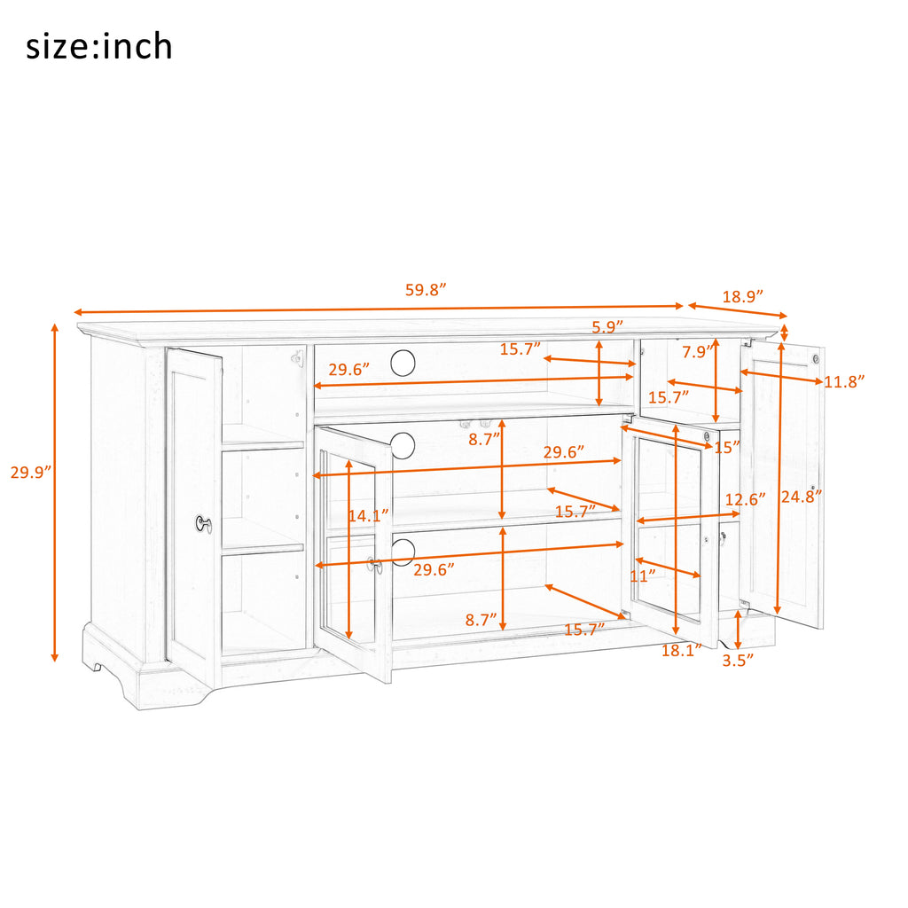 Leoglint U-Can TV Stand for TV up to 65in with 2 Tempered Glass Doors Adjustable Panels Open Style Cabinet, Sideboard for Living room, Black