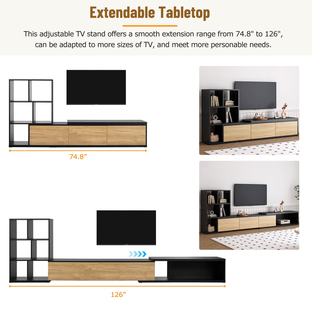 Leoglint ON-TREND 74.8''-126'' Extendable TV Stand with 3 Tier Bookshelves for TVs up to 110'', Adjustable Entertainment Center with Storage Cabinets, Sliding Tabletop Media Console for Living Room, Black