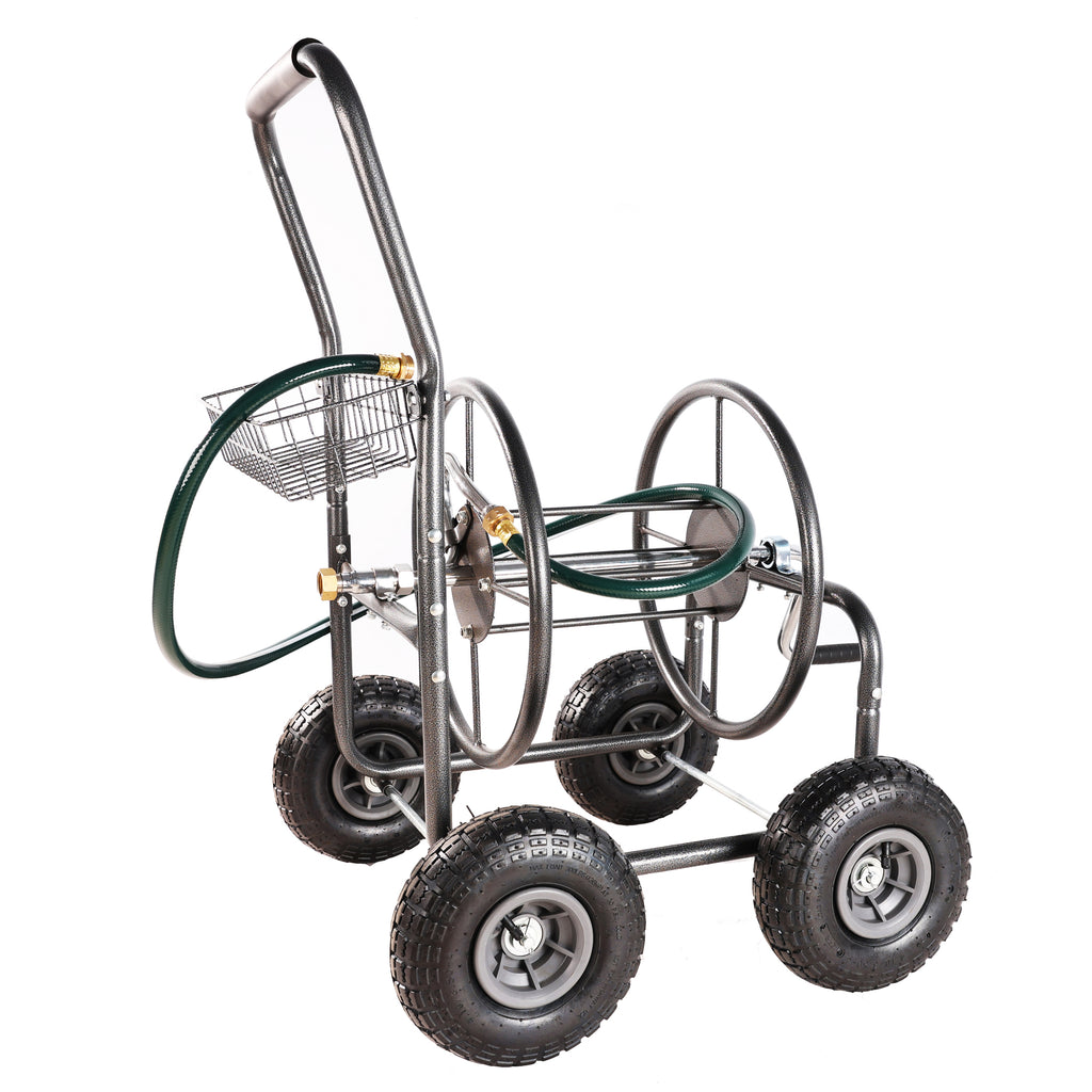 Leoglint Garden cart Garden Hose Reel Cart - 4 Wheels Portable Garden Hose Reel Cart with Storage Basket Rust Resistant Heavy Duty Water Hose Holder