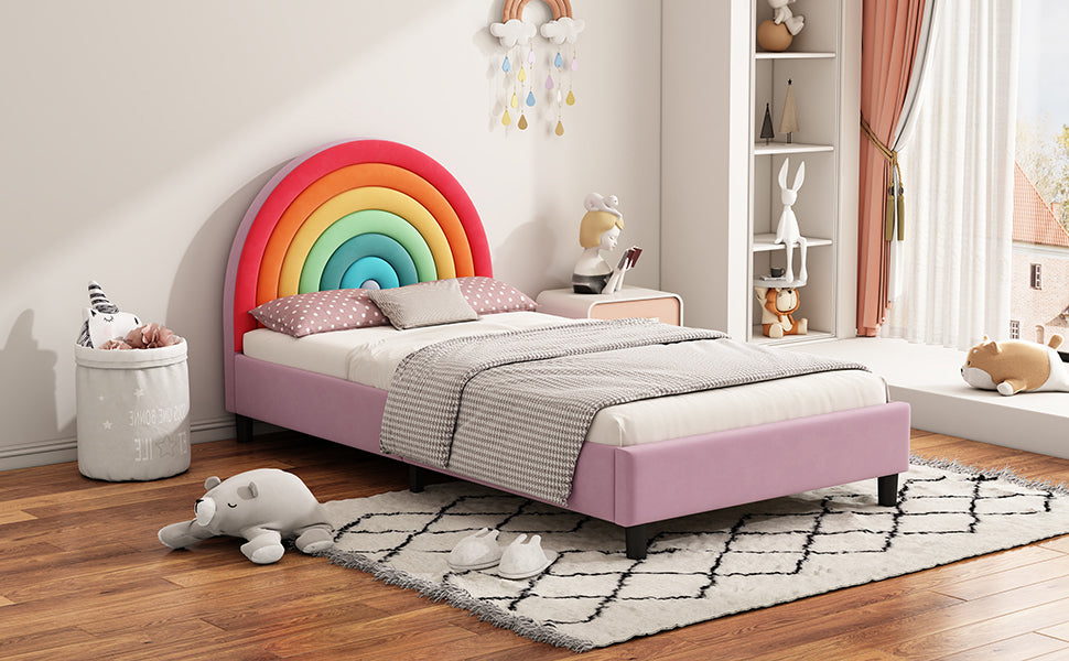 Rainbow Design Upholstered Twin Platform Bed Frame Cute Style Princess Bed for Boys & Girls, Teens, Colorful & Pink