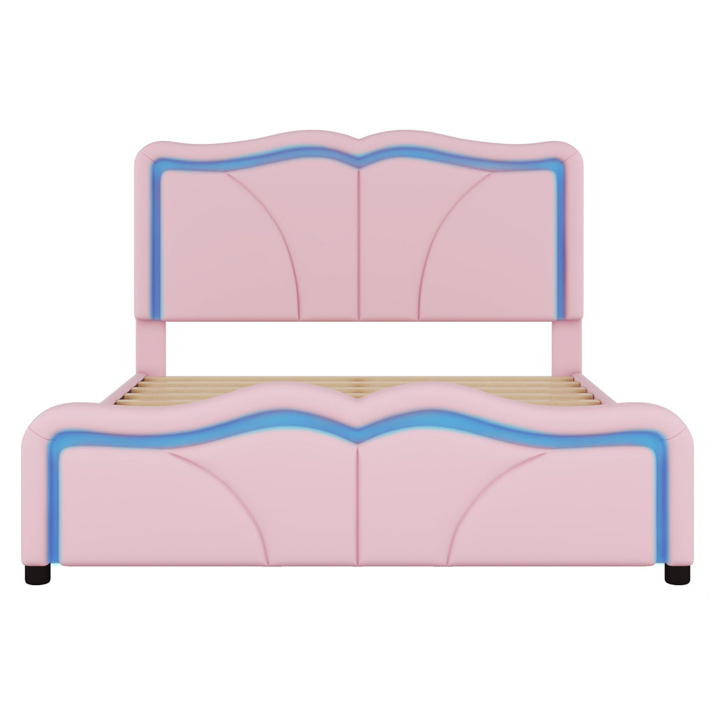 Leoglint Full Size Upholstered Platform Bed Frame with Curve Shaped and Height-adjustbale Headboard,LED Light Strips,Pink