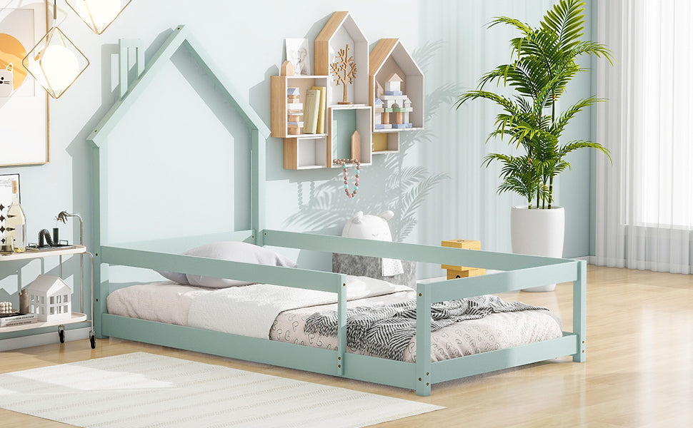 Leoglint Twin Size Wood bed frame with House-shaped Headboard Floor bed with Fences,Light Green