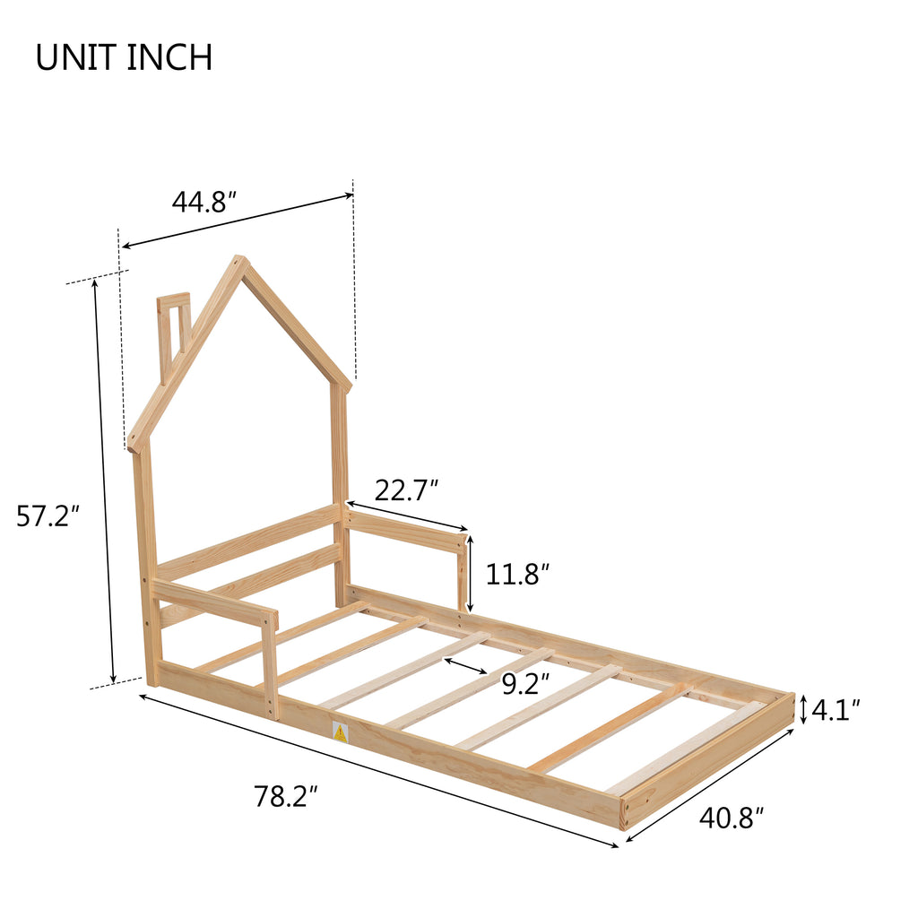 Leoglint Twin House-Shaped Headboard Floor Bed Frame with Handrails ,slats ,Natural