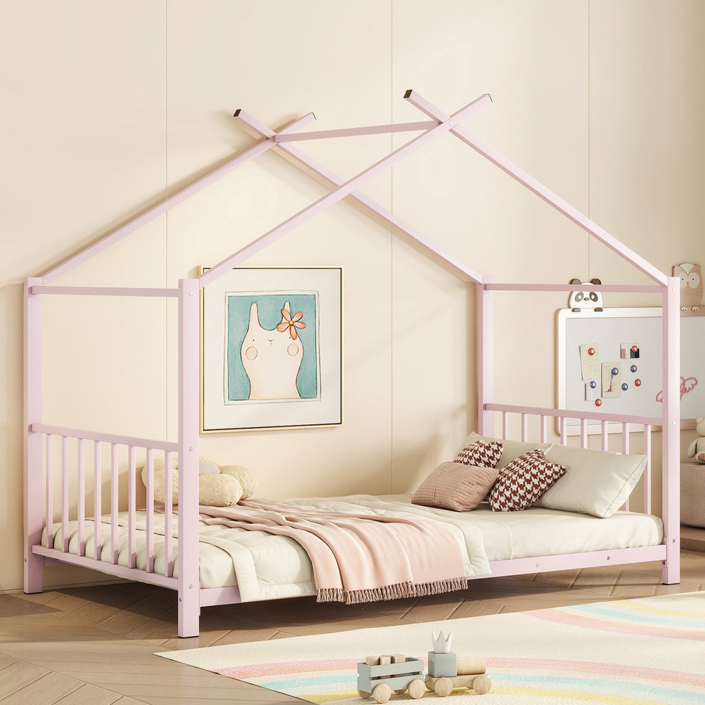 Leoglint Twin Size Metal House Platform Bed Frame, Pink