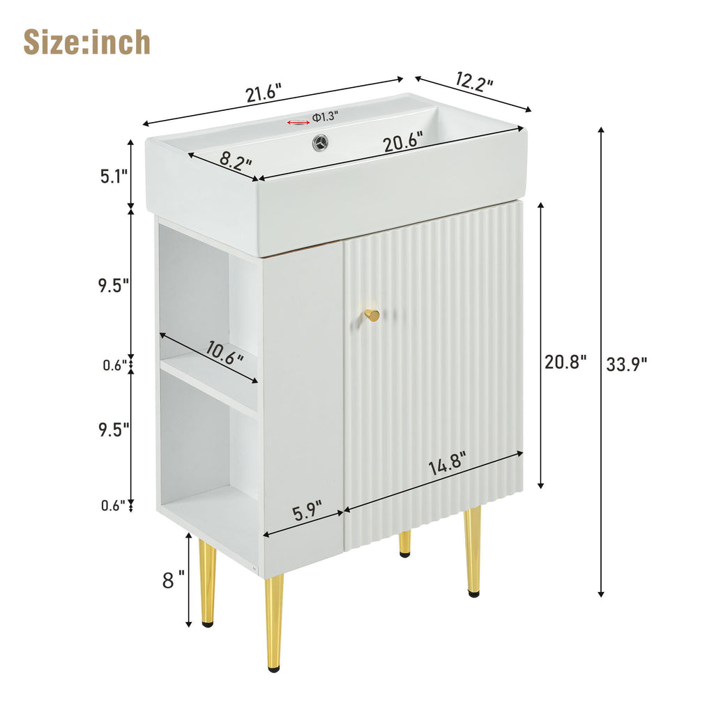 Leoglint 21.6" white Bathroom vanity, Combo Cabinet, Bathroom Storage Cabinet, Single Ceramic Sink, Left side storage