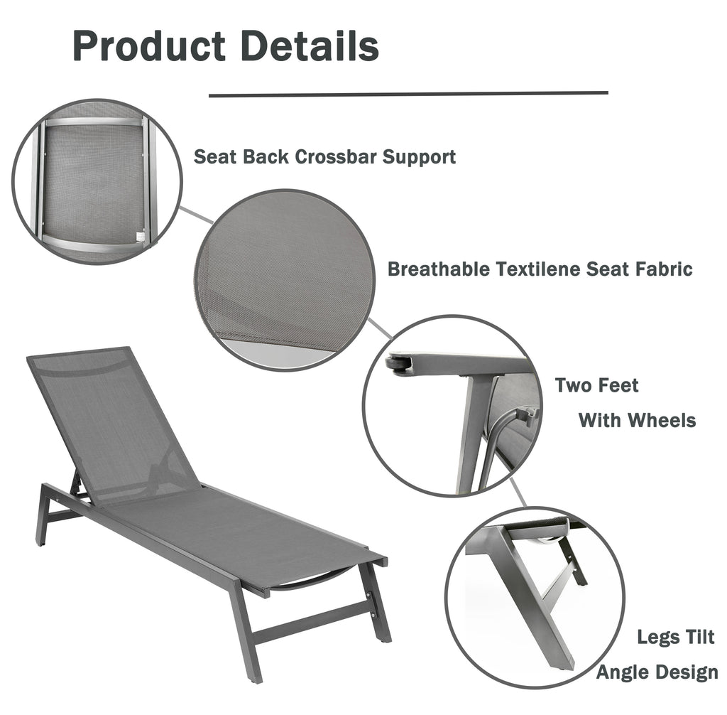 Leoglint Chaise Lounge Outdoor Chair,Five-Position Adjustable Aluminum Recliner,All Weather For Patio,Beach,Yard, Pool(Grey Frame/Dark Grey Fabric)