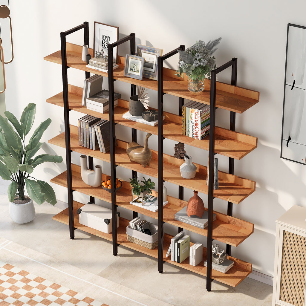 Leoglint 5 Tier Bookcase Home Office Open Bookshelf, Vintage Industrial Style Shelf, MDF Board, Black Metal Frame, Brown