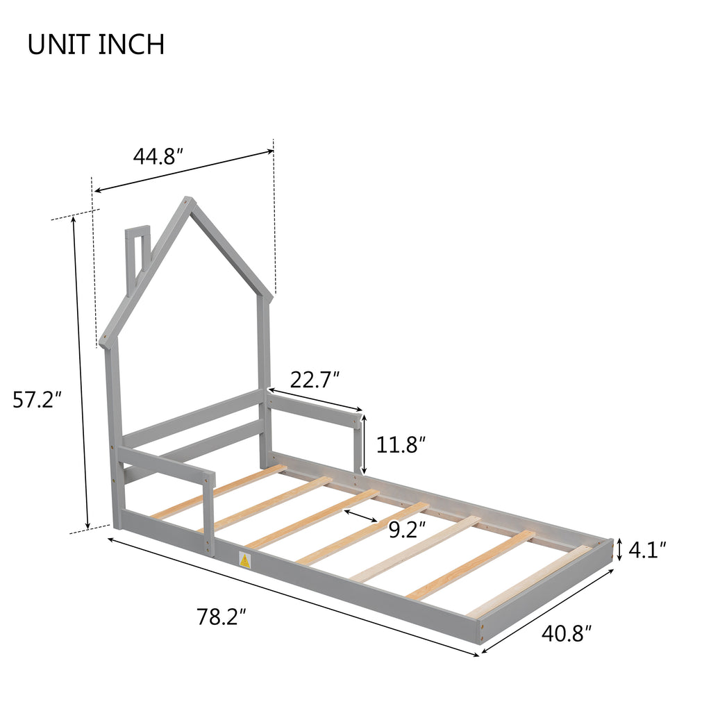 Twin House-Shaped Headboard Floor Bed Frame with Handrails ,slats,Grey