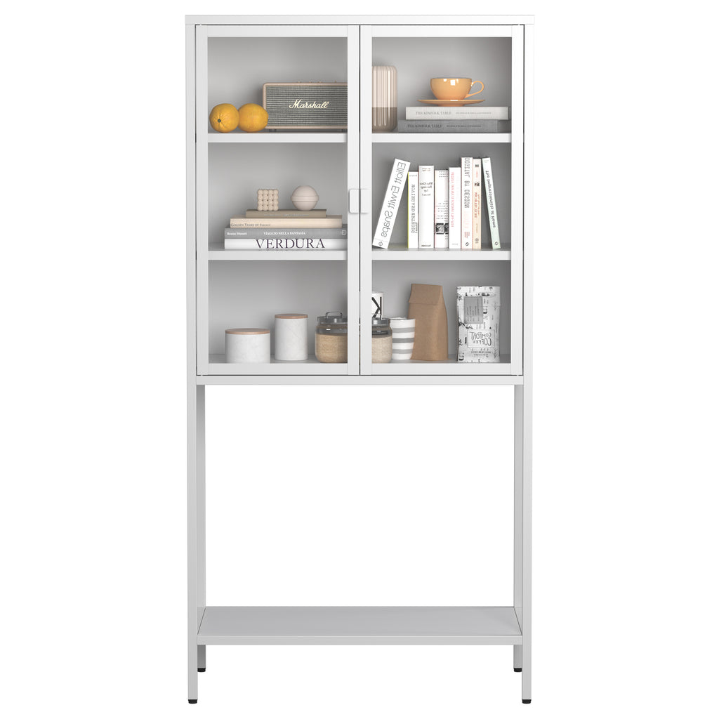 Leoglint 59"H Heavy Duty Metal Storage Cabinet, Display Storage Cabinet with Glass Doors and 2 Adjustable Shelves, Tall Bookcase Modern Bookshelf Cabinet for Home Office, Living Room, Pantry