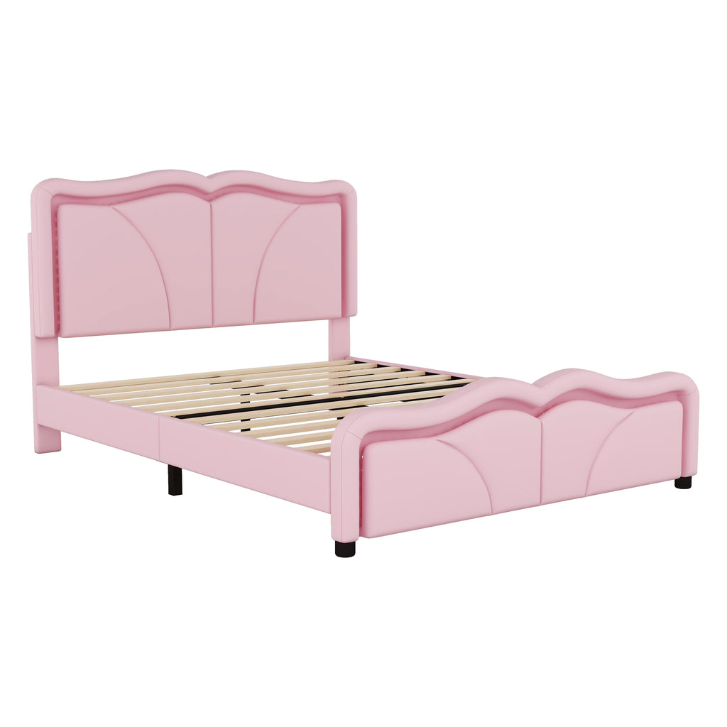 Leoglint Full Size Upholstered Platform Bed Frame with Curve Shaped and Height-adjustbale Headboard,LED Light Strips,Pink