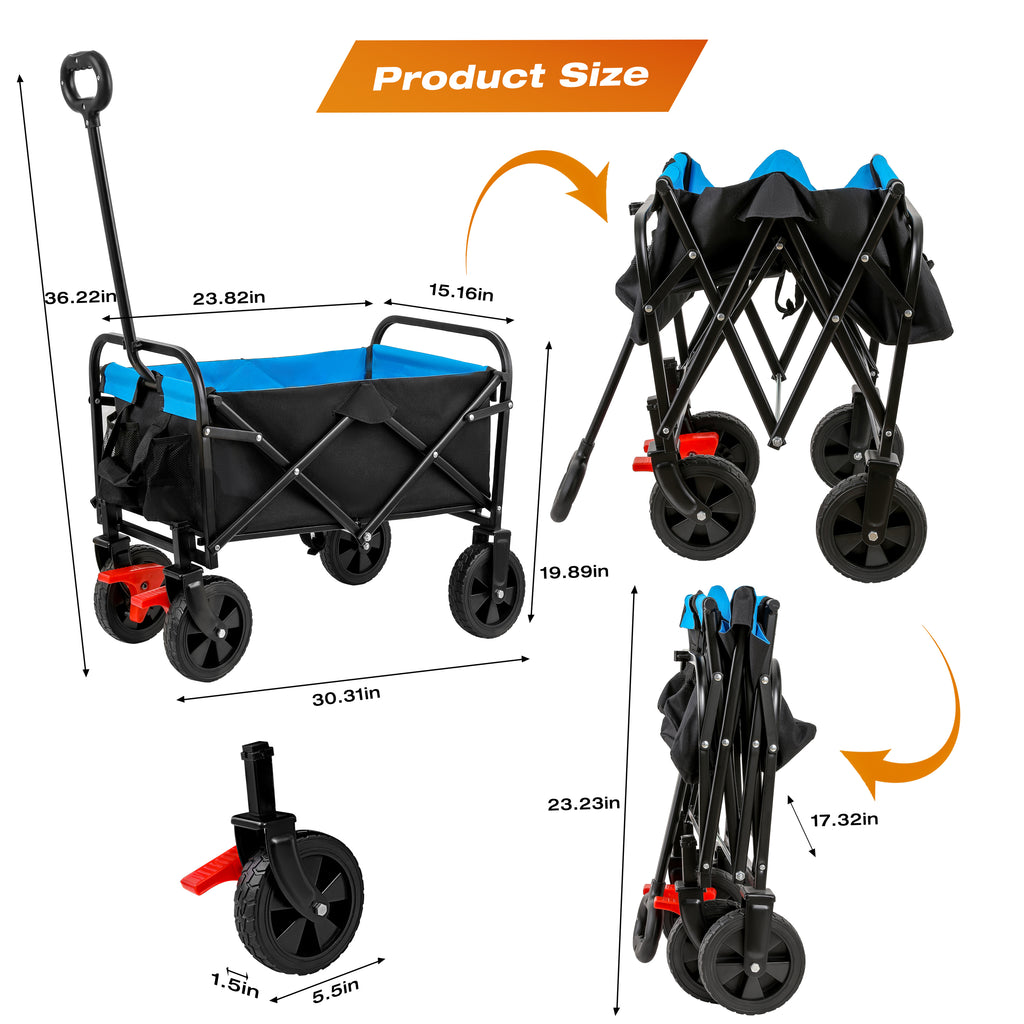 Leoglint Garden cart Mini Folding Wagon Garden Shopping Beach Cart (black+blue+brake)