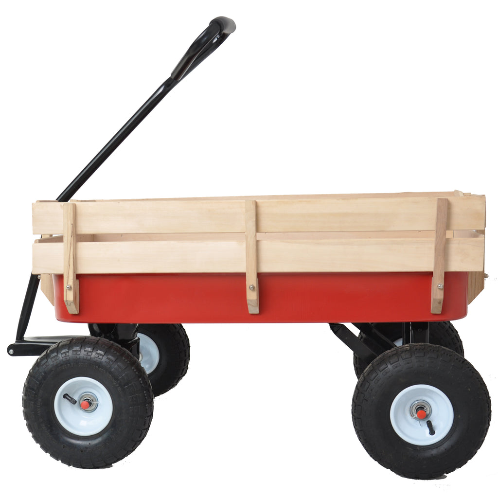 Leoglint Outdoor Wagon All Terrain Pulling Wood Railing Air Tires  Garden cart (Red+white)