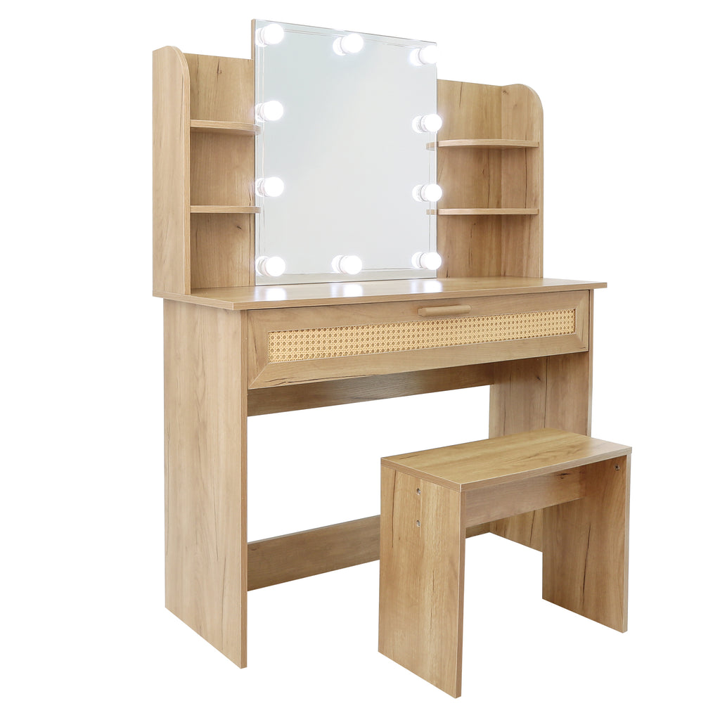 Leoglint Drawer Chest Vanity Desk Set Stool & Dressing Table with LED Lighting Mirror Drawer and Compartments Modern Wood Cosmetic Table Chest of Drawers Nature Color