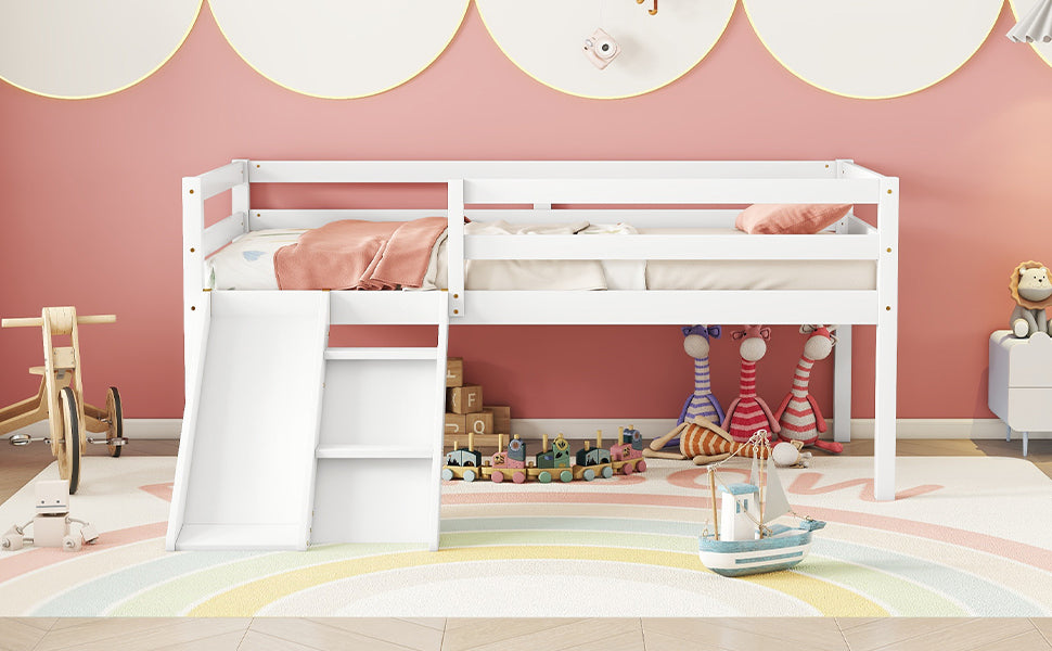 Twin Low Loft Bed Frame with Slide,  Ladder, Safety Guardrails, No Box Spring Needed,White