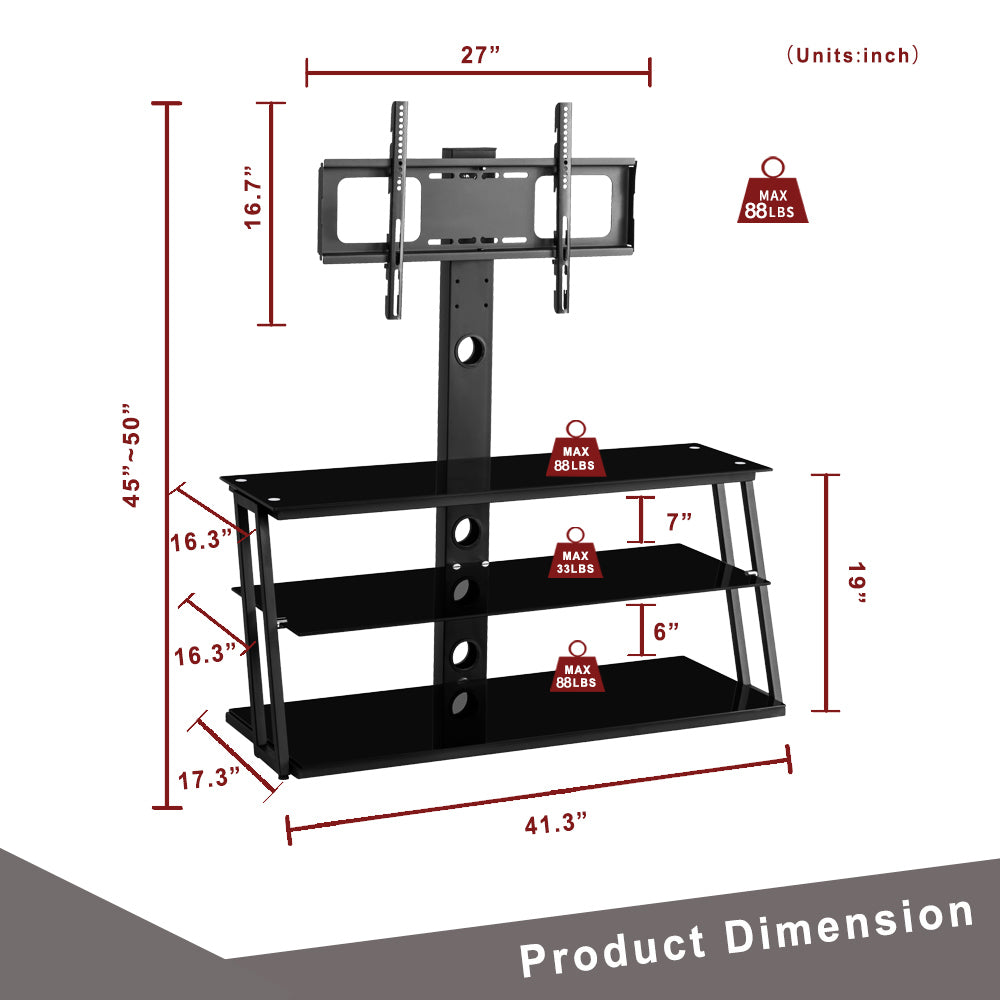 Leoglint Black Multi-Function Angle And Height Adjustable Tempered Glass  TV Stand