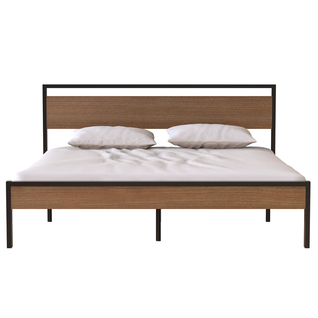 Leoglint Bed Frame Ceres Metal Bed, Black with Cinnamon Wood Headboard&Footboard, King