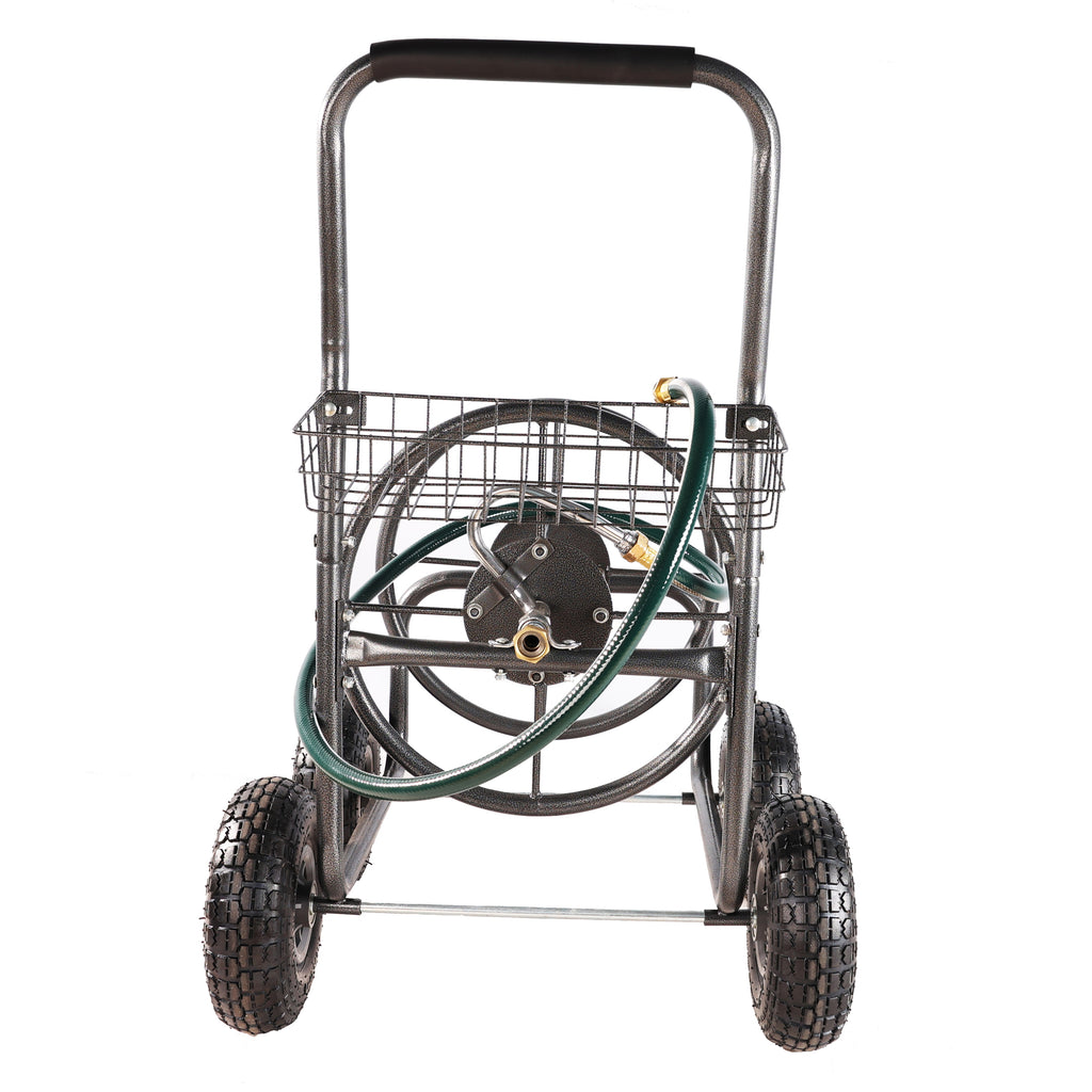 Leoglint Garden cart Garden Hose Reel Cart - 4 Wheels Portable Garden Hose Reel Cart with Storage Basket Rust Resistant Heavy Duty Water Hose Holder