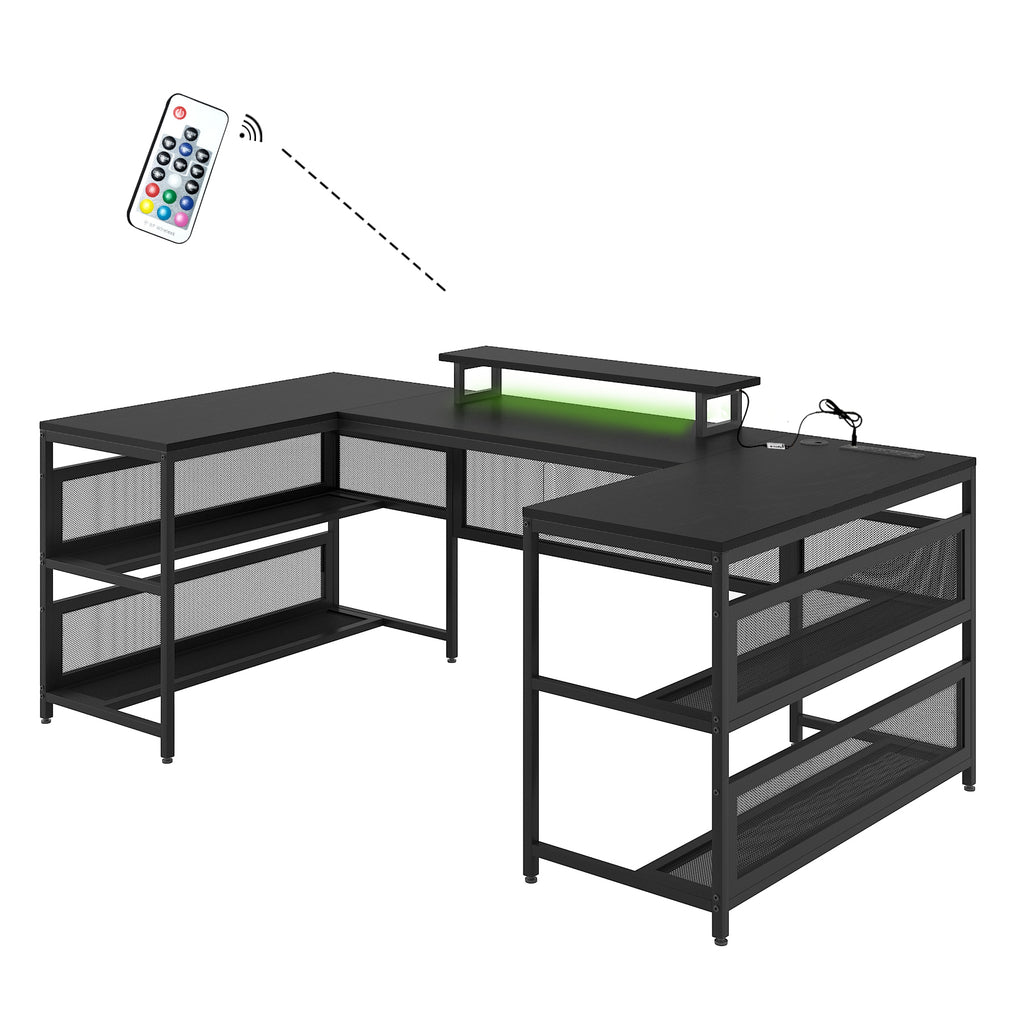 Leoglint U-shaped Office Desk with Shelve and LED lights