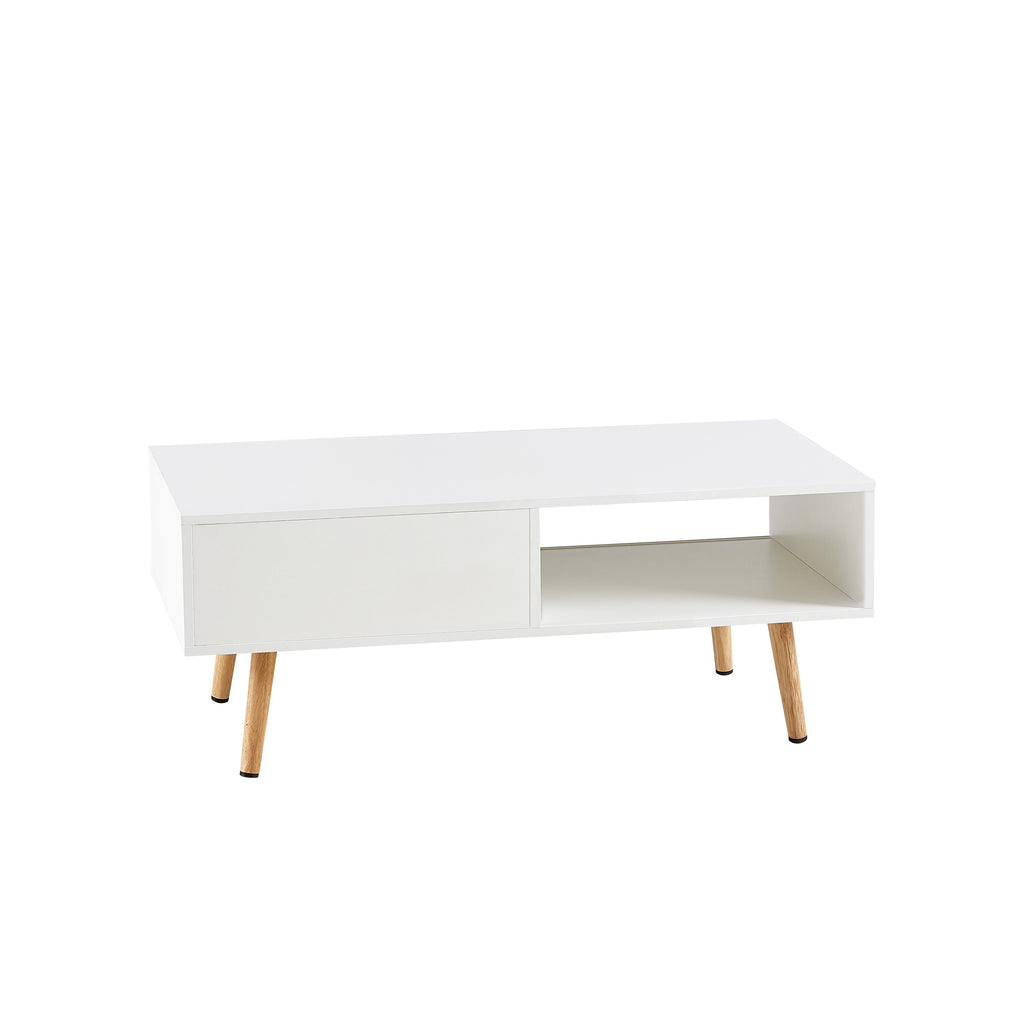 Leoglint 41.34" Rattan Coffee table, sliding door for storage, solid wood legs, Modern table  for living room ,White