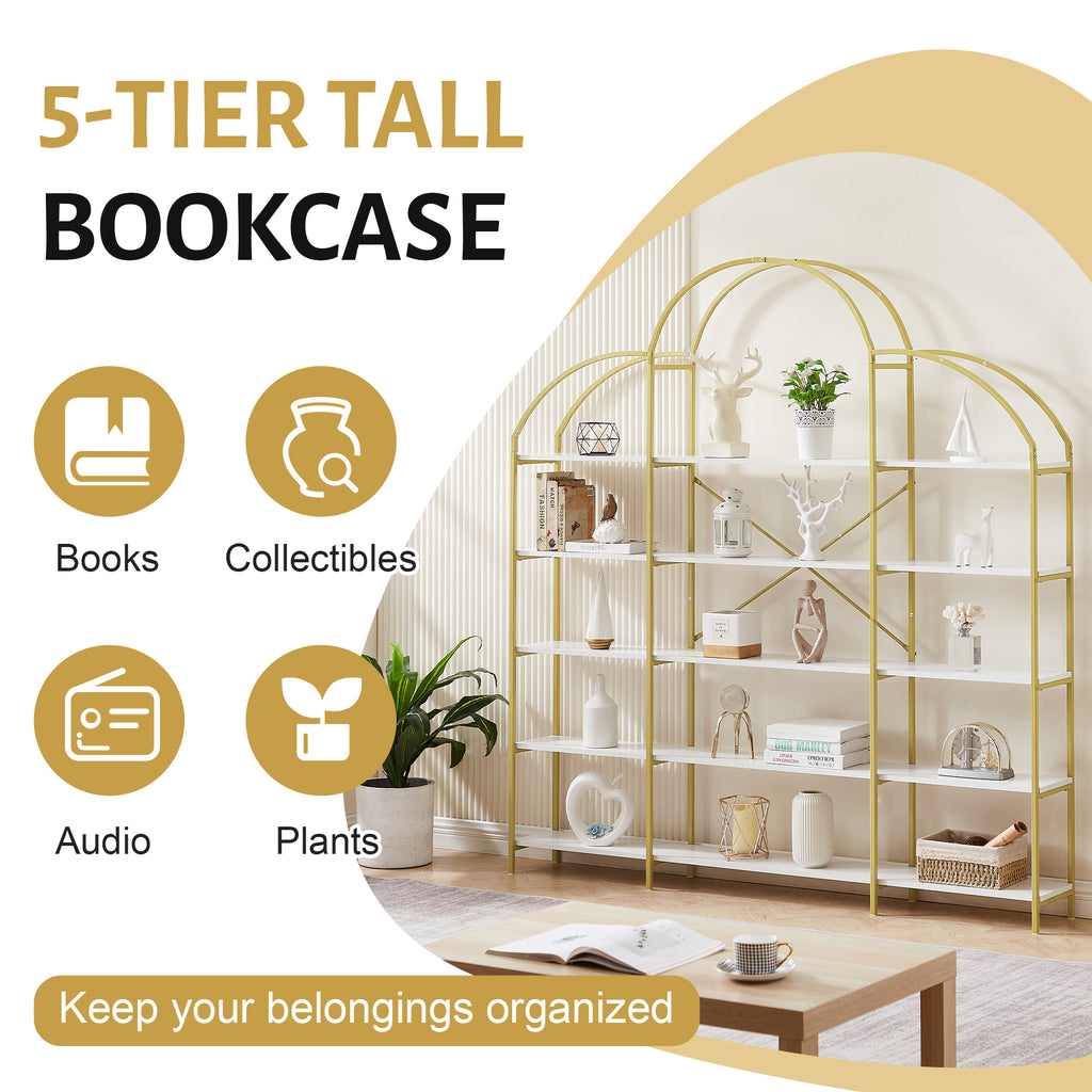 Leoglint 74.8 Inch 5 Tiers Office Bookcase Bookshelf, Display Shelf with Round Top, X Bar Gold Frame