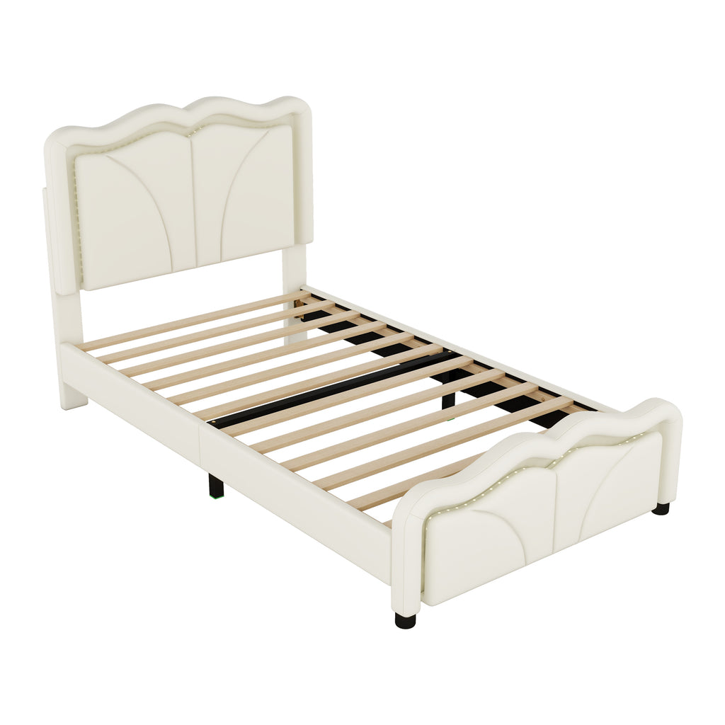 Leoglint Twin Size Upholstered Platform Bed Frame with Curve Shaped and Height-adjustbale Headboard,LED Light Strips,White