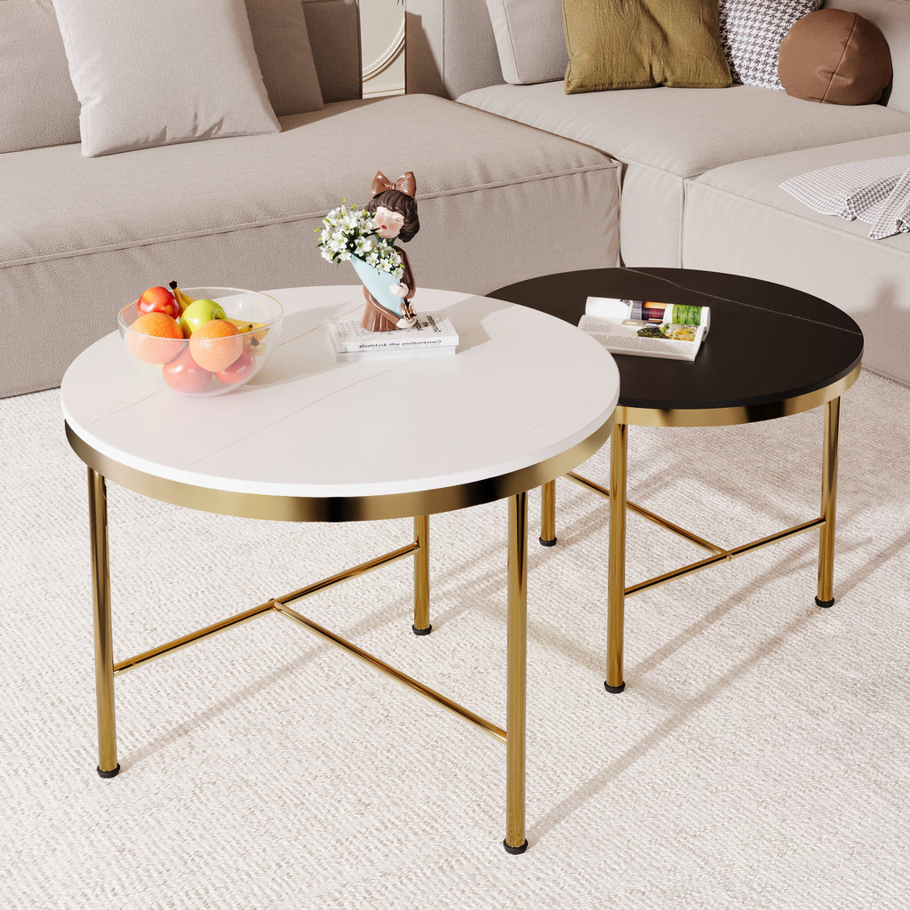 Leoglint Modern Round Nesting Coffee Table Set 2-Piece Black & White Sintered Stone Top Gold Base in 23.6''&17.7''