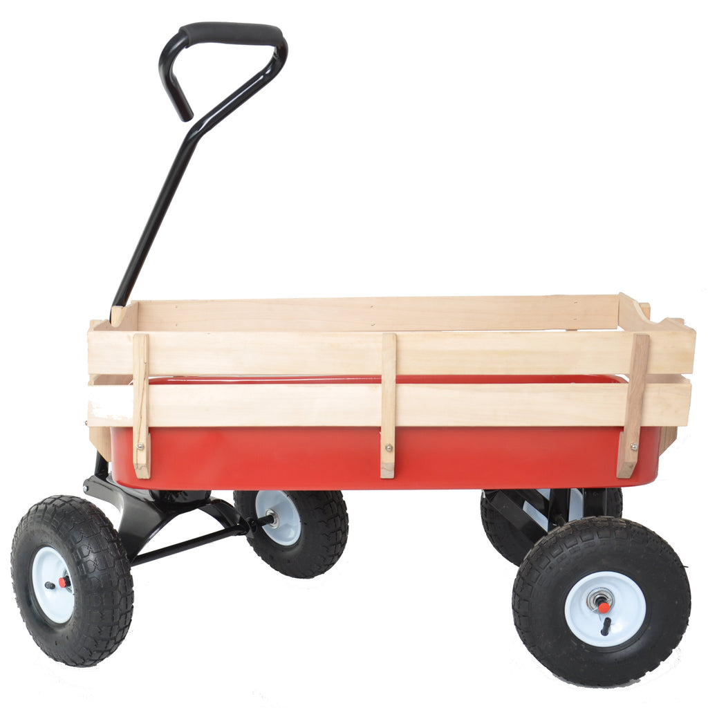 Leoglint Outdoor Wagon All Terrain Pulling Wood Railing Air Tires  Garden cart (Red+white)