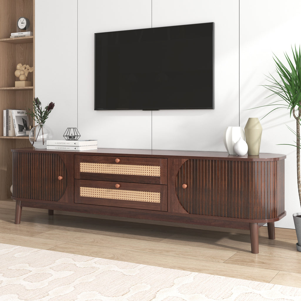 Leoglint Rattan TV Stand for TVs up to 75'', Modern Farmhouse Media Console, Entertainment Center with Solid Wood Legs, TV Cabinet for Living Room,Home Theatre