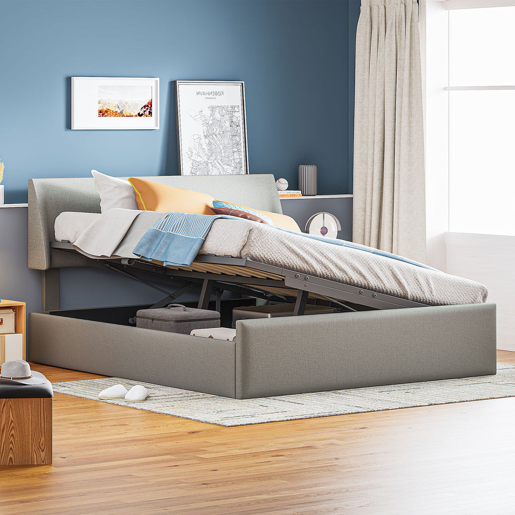 Queen Size Sleigh Bed Frame with Side-Tilt Hydraulic Storage System, Linen Upholstery, Gray