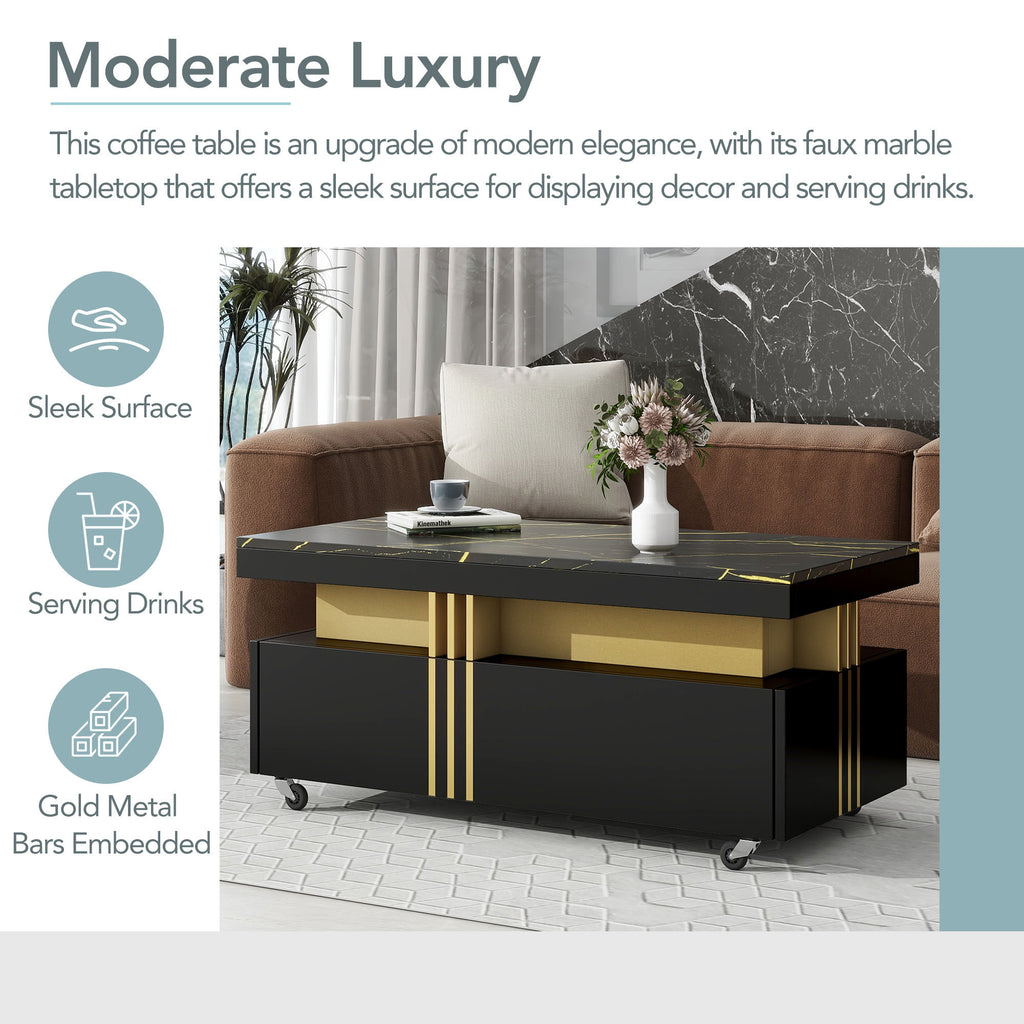 Leoglint [VIDEO provided] ON-TREND Contemporary Coffee Table with Faux Marble Top, Rectangle Cocktail Table with Caster Wheels, Moderate Luxury Center Table with Gold Metal Bars for Living Room, Black