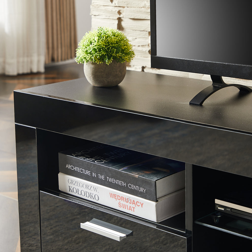 Leoglint Black morden TV Stand with LED Lights,high glossy front TV Cabinet,can be assembled in Lounge Room, Living Room or Bedroom,color:Black