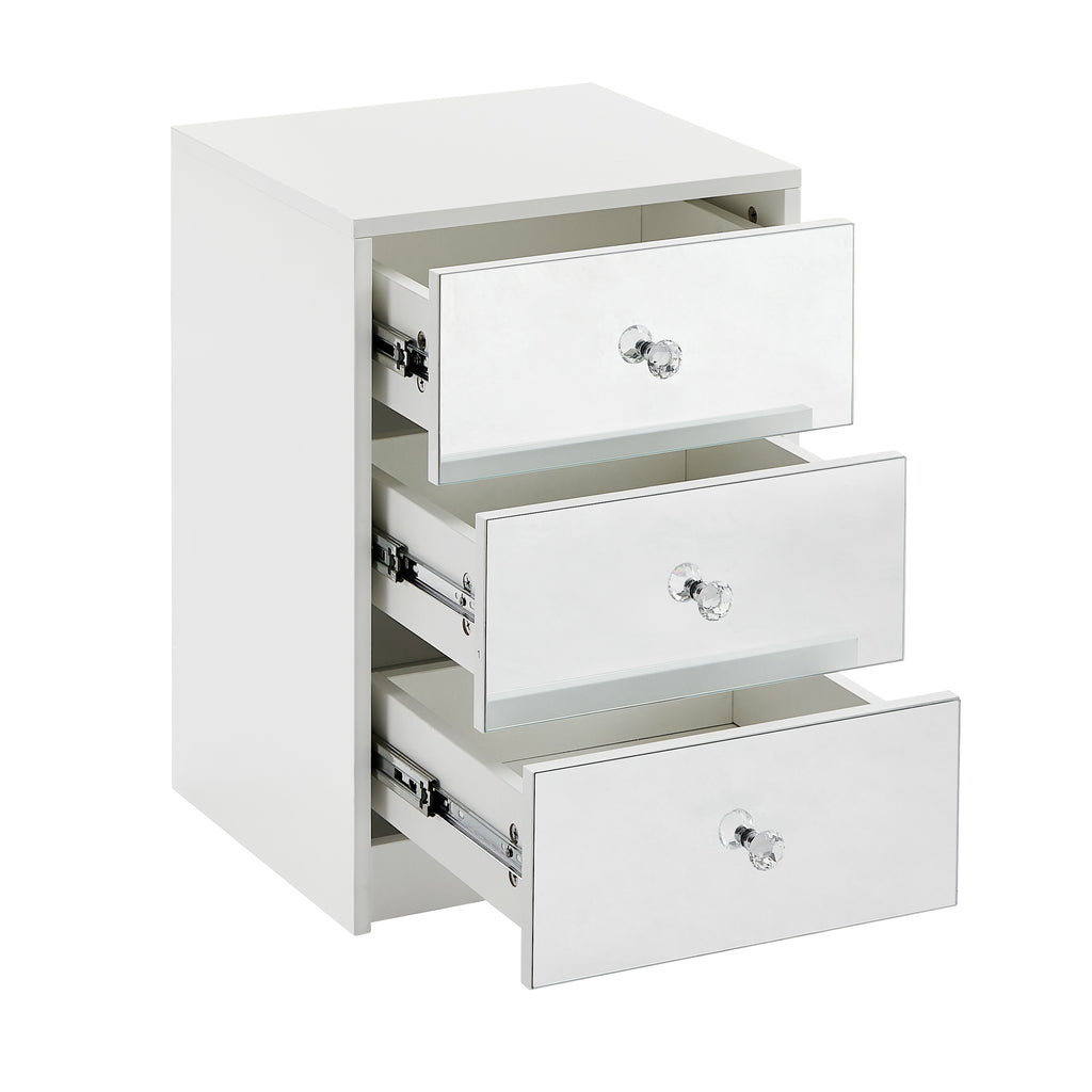 Leoglint 3 Drawer Chest Nightstand for Bedroom, Modern Wood and Mirrored Nightstand, Square Bedside Glass End Table with Storage for Bedroom Room, Sofa, White