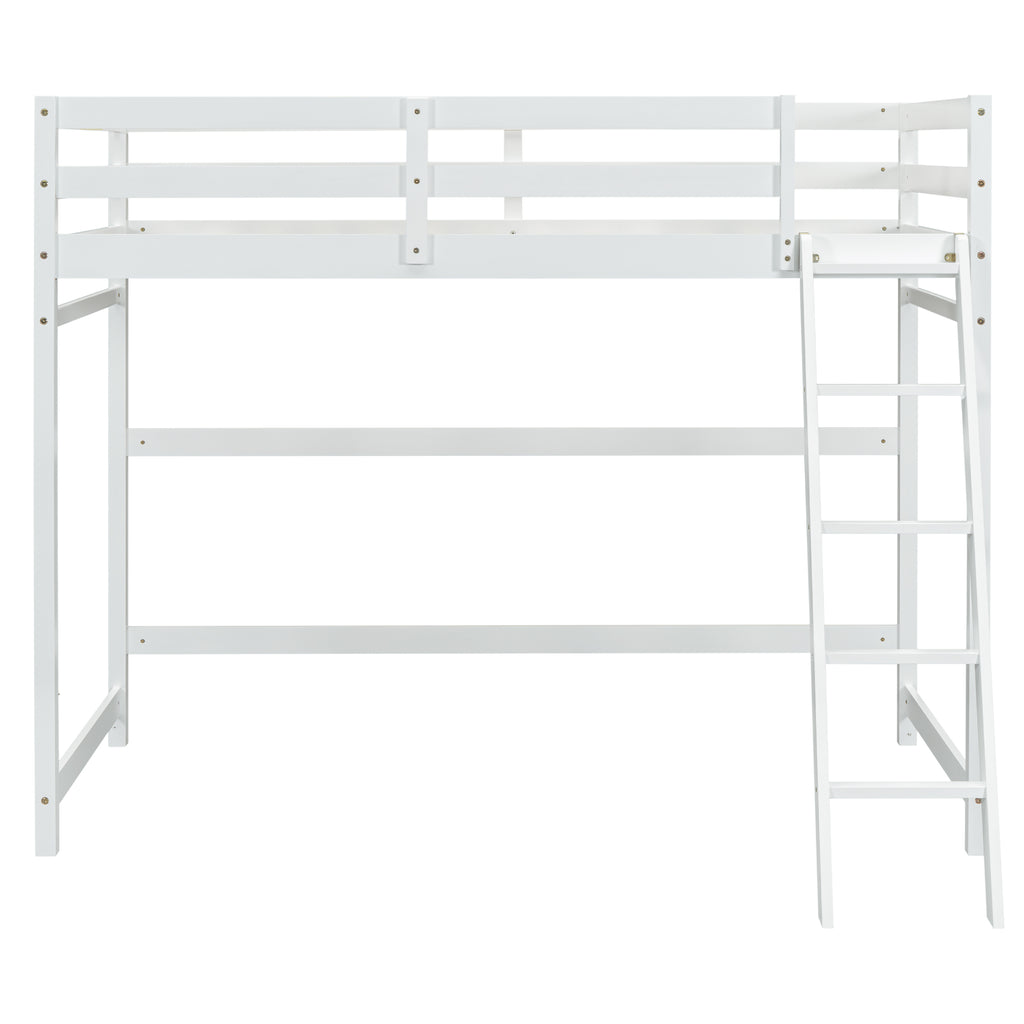 Leoglint Twin Size High Loft Bed Frame with inclined Ladder, Guardrails,White