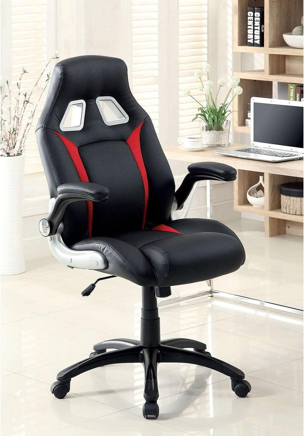 Leoglint Stylish Office Chair Upholstered 1pc Comfort Adjustable Chair Relax Gaming Office Chair Work Black And Red Color Padded Armrests