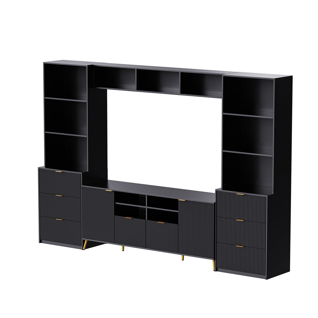 Leoglint U-Can 4-Piece Entertainment Wall Unit with 13 shelves,8 Drawers and 2 Cabinets, Multifunctional TV Stand Media Storage Cabinet with Fluted Line Surface for Living Room, for TVs Up to 70"