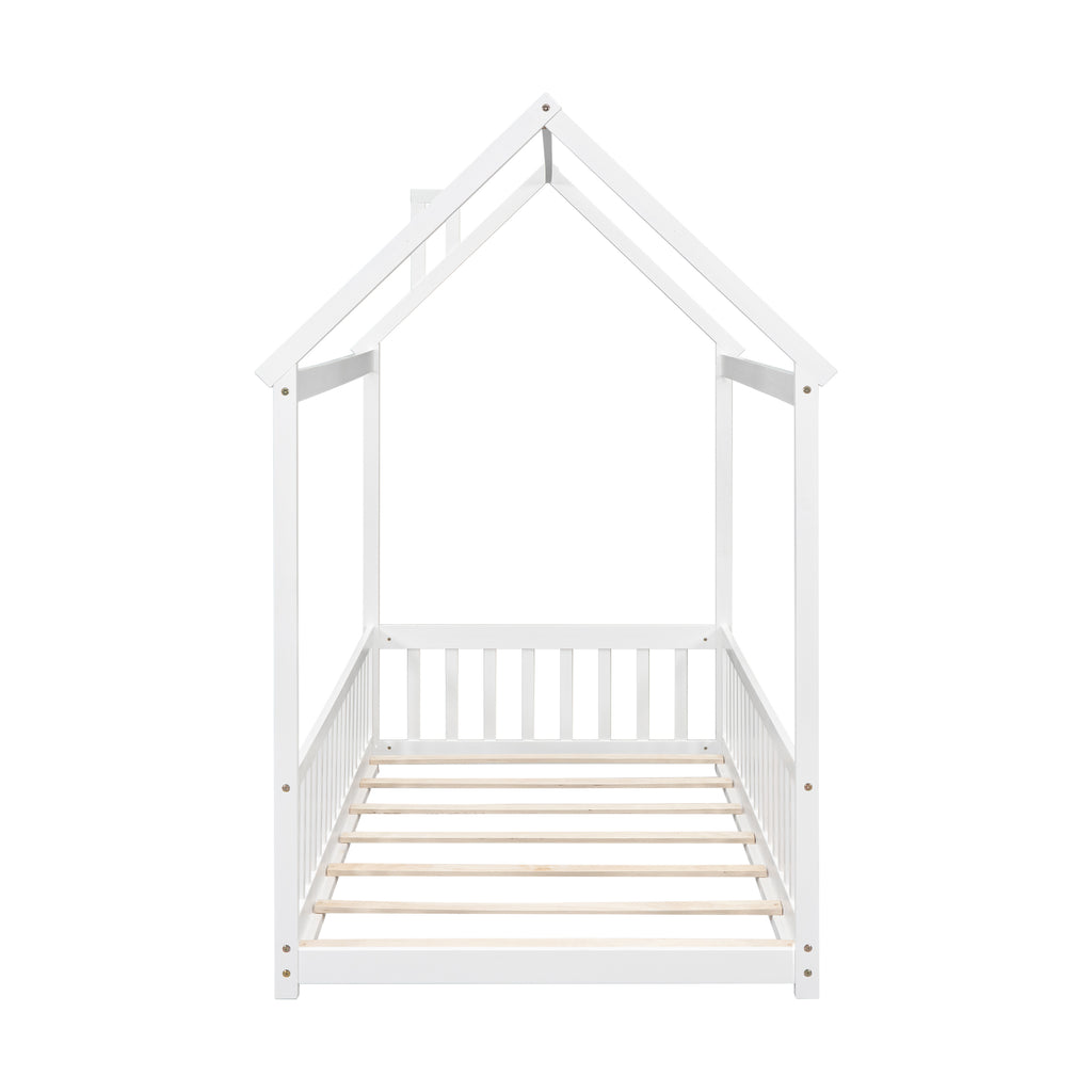 Twin House Bed Frame with Guardrails, Slats ,White